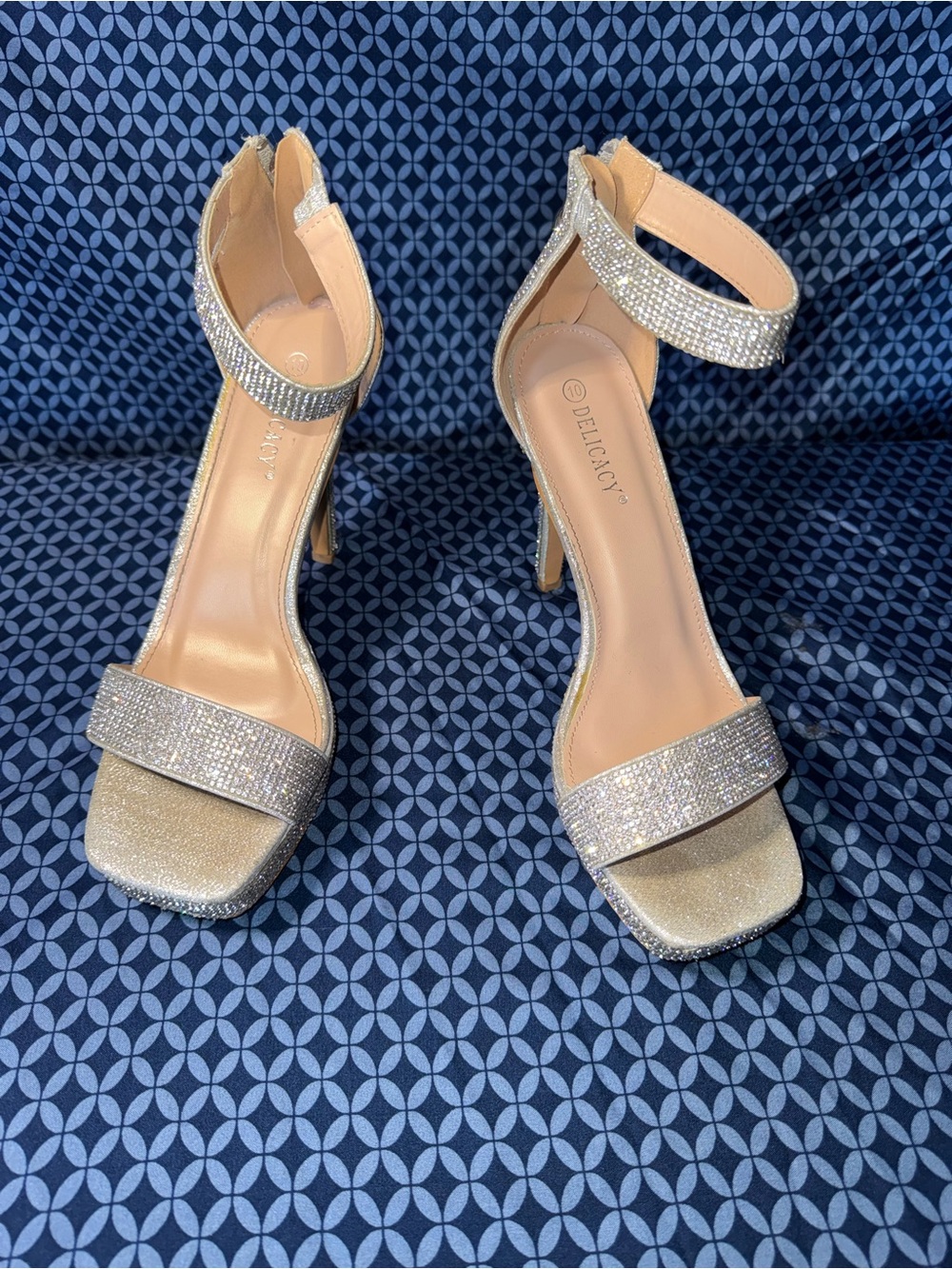 Delicacy Rhinestone Ankle-Strap Heels in Silver